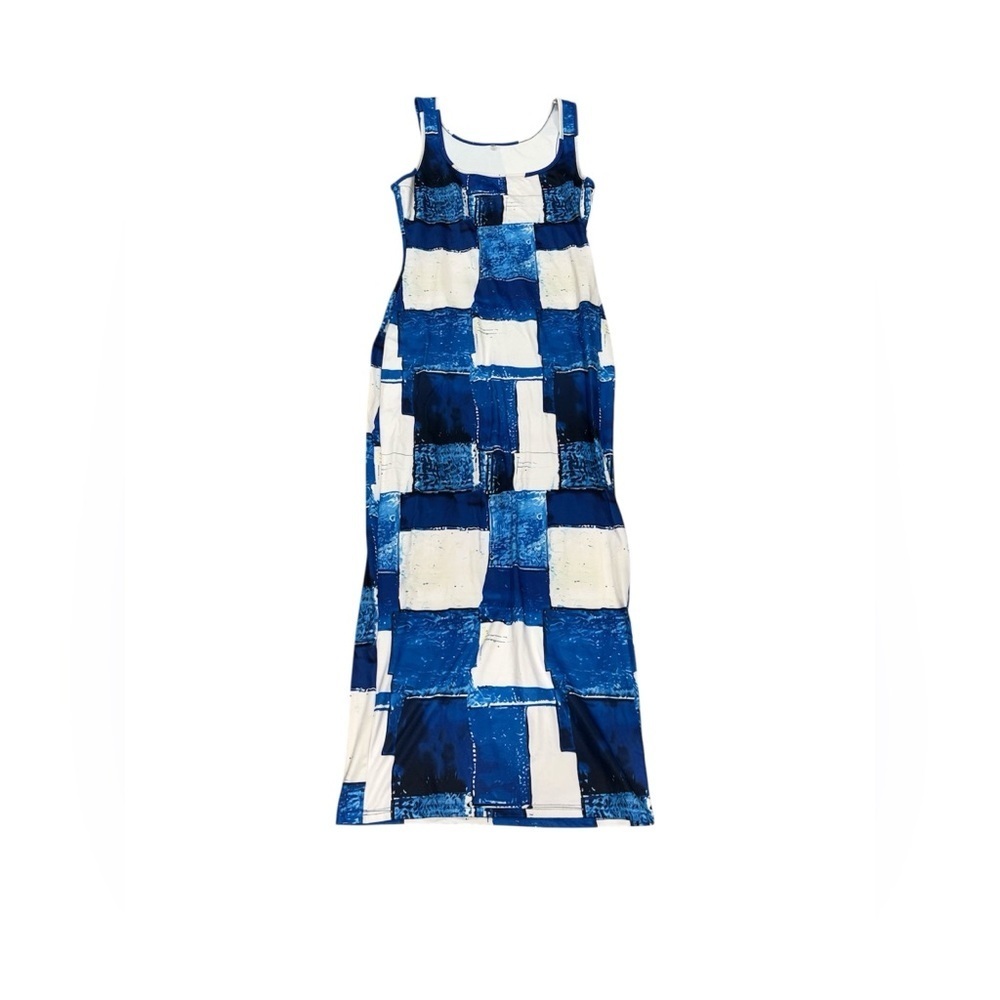 72. Blue and White Sleeveless Women’s Patchwork Maxi Dress Size XL - Picture 2 of 2